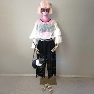 NWT 4Our Dreamers black cotton open weave crochet pants, L